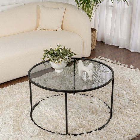 Moderne Runde Couchtisch Uru Schwarz - Graues Glas - 80 cm