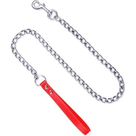 Laisse de dressage pour chiot avec chaîne et poignée en cuir PU (rouge 2 mm x 120 cm) (1/5)