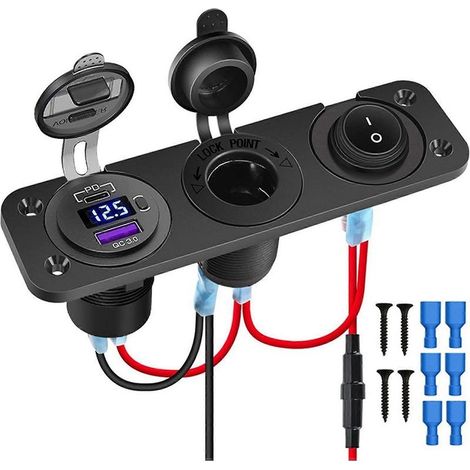 Prise allume-cigare 12 V/24 V avec interrupteur à bascule, prise USB-C PD&QC 3.0 avec voltmètre LED, étanche pour voiture et bateau. (1/5)