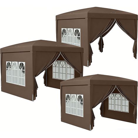 3er-Set  pavillon ca.3x3m, wasserabweisend Stabil Winterfest Pop-up Faltpavillon, UV Schutz 50+, Faltbar Partyzelt Gartenzelt mit 4 Seitenteilen Tasche Gartenpavillon für Camping Garten, Kaffee