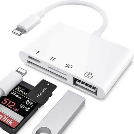 Lecteur de cartes SD/TF pour iPhone/iPad, kit de connexion USB OTG 4-en-1 avec chargeur intégré, compatible iOS 14 (blanc).