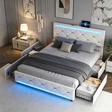 JOOKGBD- Doppelbett 140x190 cm, Polsterbett mit Bettkasten und 4 Schubladen, LED-Beleuchtung und USB-Anschlüssen, inklusive Lattenrost, für Erwachsene und Jugendliche, Velours, Beige (1/5)
