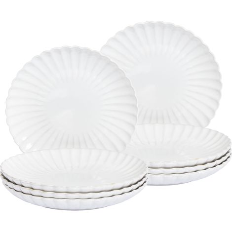 Conjunto de 8 platos llanos grandes de gres caolín para postres artesanal acabado esmalte reactivo blanco Nettle
