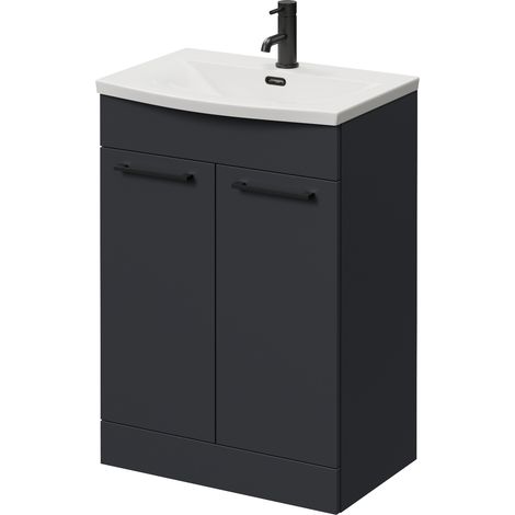 Napoli 390 Gloss Grey 600mm 2 Door Vanity Unit with Arc Basin - 600mm - Matt Black 160mm Handle