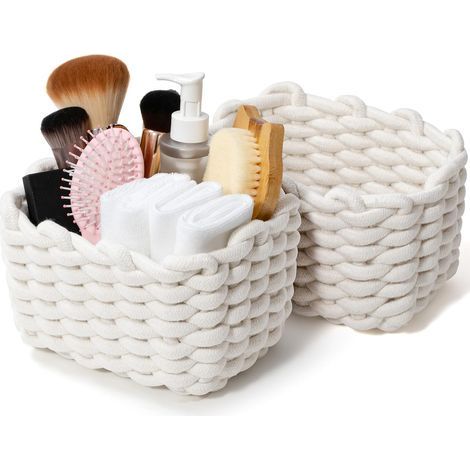 Ensemble de 2 paniers de rangement — Paniers décoratifs tressés avec pompons (rangement adaptés à la chambre) Petits paniers de rangement en corde de coton de style bohème Dimensions : 20 x 15 x 13 (1/5)