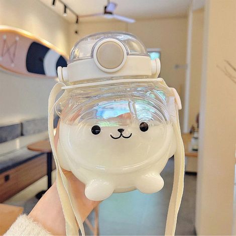 Gourde portable 1000 ml en forme d'ourson, avec paille et dragonne, idéale pour l'été (blanche). (1/5)