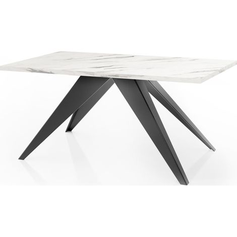 Esstisch Vance im Modern Still, Rechteckig Tisch - Ausziehbar von 140 cm bis 240 cm, Pulverbeschichtete Schwarze Metallbeine - 140 x 80 cm - Marmor Weiß