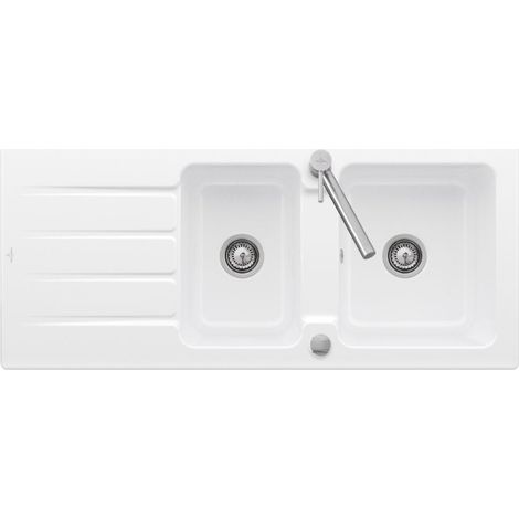 Villeroy & Boch – Évier 1 bac et demi 116 x 51 cm – Céramique haut de gamme – Vidage automatique design – Évier réversible blanc