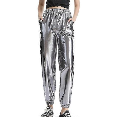 Pantalon taille haute femme, vêtement d'intérieur décontracté d'été, bas métallisé-M-Gray