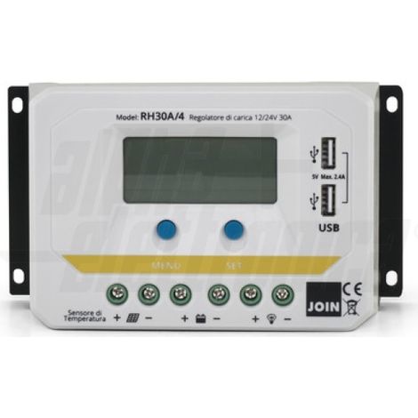 Regolatore di carica PWM 12/24V 30A con display, uscita USB 5V e crepuscolare configurabile