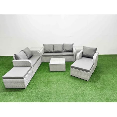 Fimous Patio PE Wicker 8 Seater Outdoor Rattan Furniture Sofa Sets with Square Coffee Table Reclining Chair Loveseat Sofa 3 Seater Sofa 2 Big Footstools 2 Side Table Light Grey (1/4)