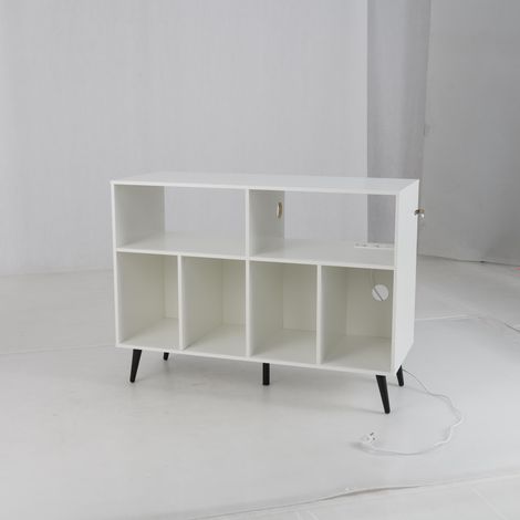 Table d'Appoint à 3 Niveaux avec Station de Charge, Meuble pour Platine Vinyle, 5 Pieds en Métal, pour Salon, Salle de Musique, Blanc