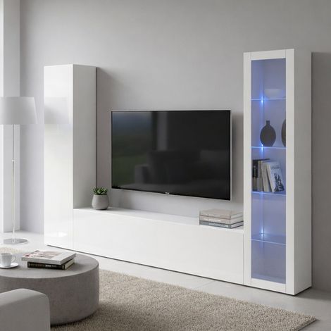 Dmora - Pared Equipada Dekda, Conjunto de salón Mueble de TV con 3 puertas, Mueble de salón polivalente con vitrina y luz LED, 100% Made in Italy, cm 260x30h180, Blanco brillo (1/5)