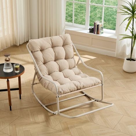 Fauteuil à bascule d'extérieur - Scandinave - Coussin ultra-épais haute densité - Acier revêtu - Beige (1/5)