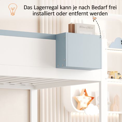 Lit superposé pour enfants 90200 cm, avec motifs lapins et carottes, étagère amovible, échelle de rangement sécurisée, tiroirs, sommier à lattes, blanc + bleu (1/5)
