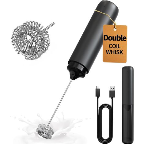 Mousseur à Lait Électrique Rechargeable, Mousseur à Main sans Fil, Double Spirale Fouet Mélangeur Électrique, Portable Mixeur pour Café, Latte, Cappuccino, Matcha, Cocktails, Noir (1/5)