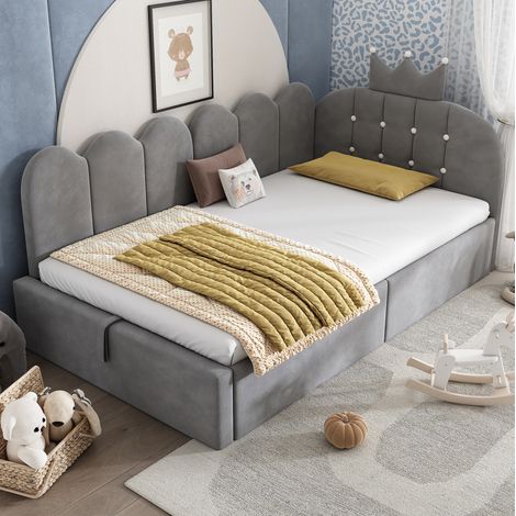 MEUBLIV Lit banquette L forme 90 x 200 cm en velours gris avec tête de lit couronne et rangements hydrauliques pour chambre d enfant et d ami (1/5)