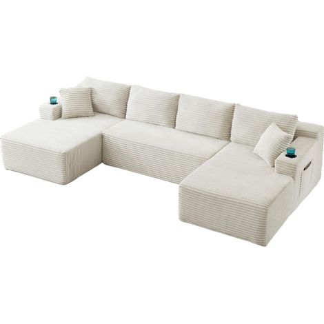 Sofá modular U de 3 piezas en tejido tipo pana beige sin montaje para salón (1/5)