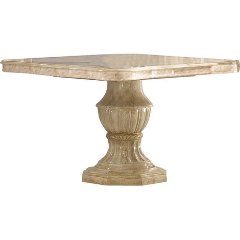 Table à manger carrée extensible bois vernis laqué brillant beige et onyx effet marbré Lesly 120 à 165cm (1/2)