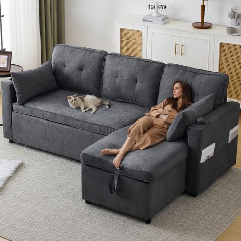 Schlafsofa mit Schlaffunktion, L-förmiges Sofa, modernes Design, Polstermöbel, Sofa, Loungesessel mit Stauraum, mit Getränkehalter, Wohnzimmer-Schlafsofa, links und rechts austauschbar