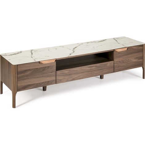 Meuble TV plateau verre effet marbre 2 Portes 1 étagère poignée cuivré 1 tiroir push+soft - Noyer, blanc, gris