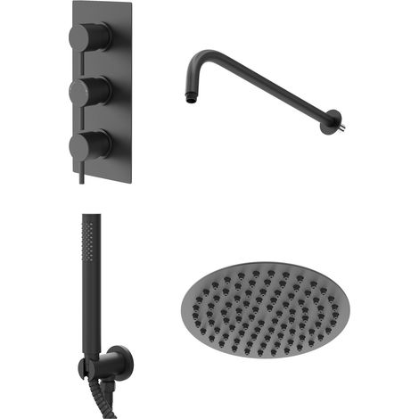 Colore Matt Black Triple Thermostatic Valve Mixer Shower with Round Fixed Head and Round Handset Outlet Holder - 2 Outlet (1/5)