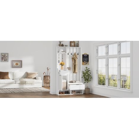 Meuble d'entrée blanc avec espace de rangement sous l'assise, doté de 4 crochets de suspension et de 2 compartiments supérieurs pour un rangement ouvert – Porte-manteau, penderie et meuble à chaussure