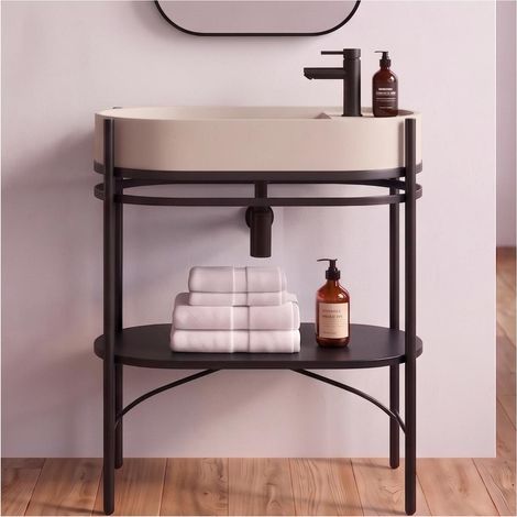 Meuble simple vasque sur pieds 80cm en métal noir et vasque béton et robinet noir (1/5)