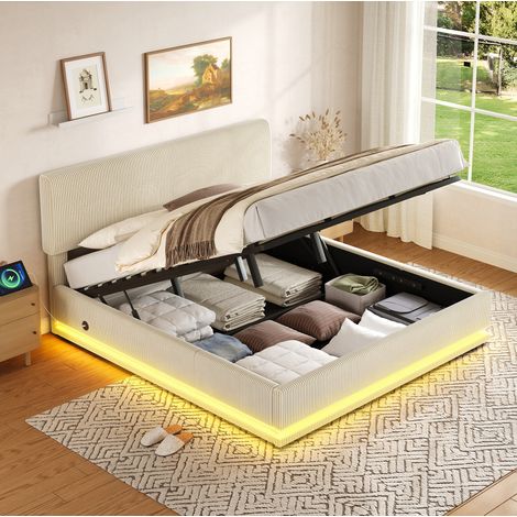 Bett mit Stauraum Cordstoff Beige 180x200 cm, mit LED-Beleuchtung, USB-C und höhenverstellbarem Kopfteil (1/5)