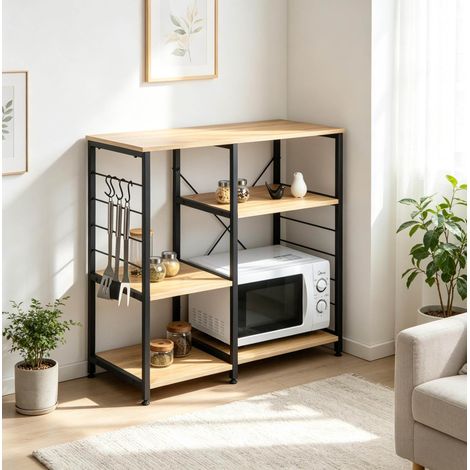 Étagère de rangement cuisine pour micro-ondes, meuble d’appoint 5 niveaux en bois clair et métal, avec 4 crochets, CHICFURN (1/5)
