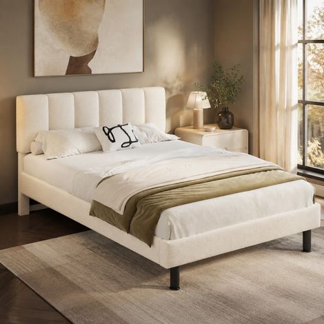 Letto imbottito 140x190 con rete, tessuto Sherpa beige HAVRYA (1/5)