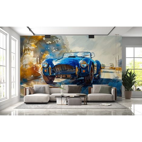 Papier peint voitures - cabriolet bleu vintage style aquarelle - 150 x 250 cm (1/2)
