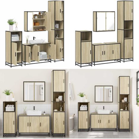 Juego de muebles de baño 4 pzas contrachapada roble sonoma - Armario de baño - Muebles de baño con espejo
