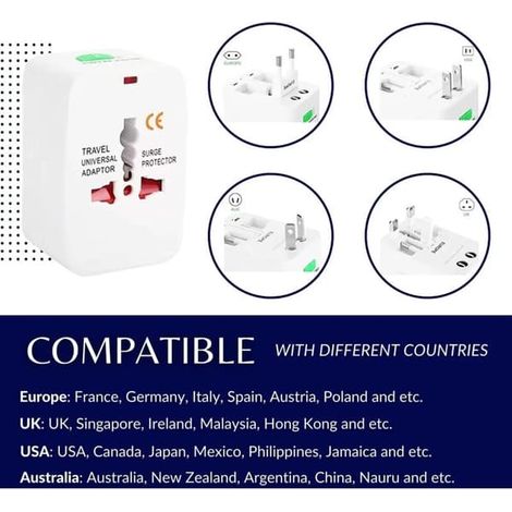 Adaptateur de réseau universel, adaptateur universel multifonction avec 2 ports USB, Franike, USA, Storbritannien och Australien, tous les contacts...