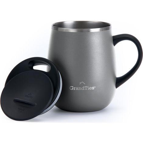 Tasse à café isotherme avec poignée - Couvercle coulissant pour protection anti-éclaboussures - 480 ml - Gris pierre - L (1/5)