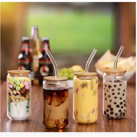 Glass Straw Cup - Borosilicate Glass - Heat And Cold Resistant - With Bamboo Lid And Glass Straw - 540 Ml - 1 Piece