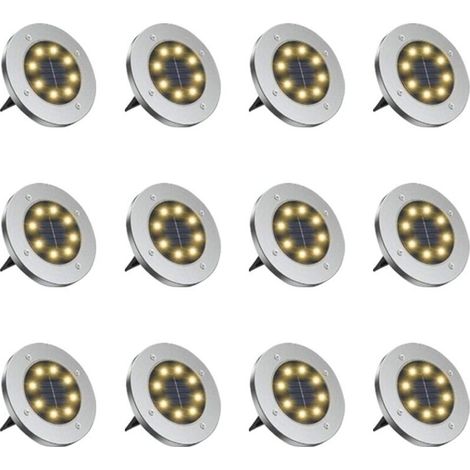 Paquet de 12 lampes solaires, plastique/acier inoxydable, LED, IP65, argent