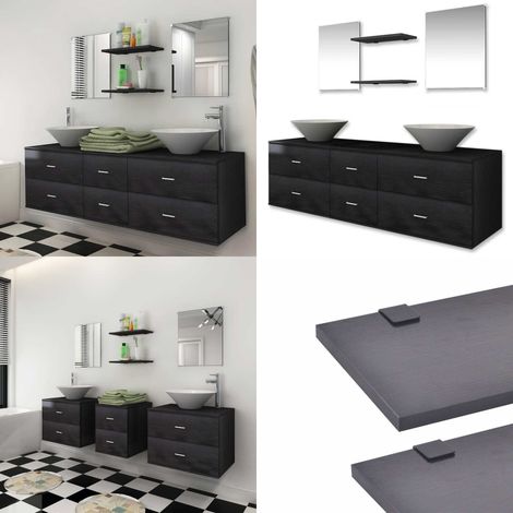 Mobilier de salle de bain avec lavabo 7 pcs Noir - Meuble De Salle De Bain - Ensemble Salle De Bain - Rangement Salle De Bain - Lavabo Suspendu - Miroir Salle De Bain - Home & Living (1/5)