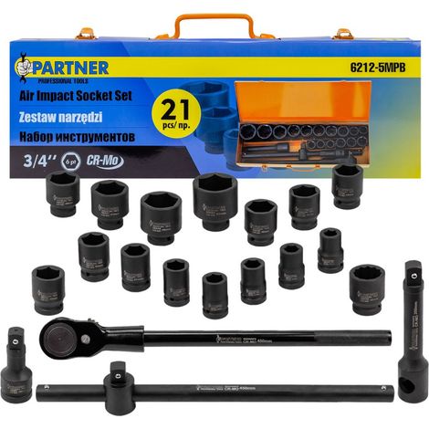 Juego de 21 llaves de impacto de 3/4'' con 6 puntas y diámetros de 17 a 50 mm. (1/4)