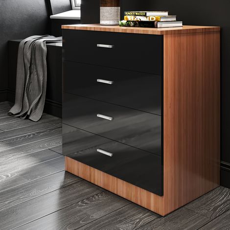 ELEGANT Black/Walnut High Gloss 4 spacious Drawer Chest with Metal Handles for Bedroom or Home Storage Organizer (1/5)