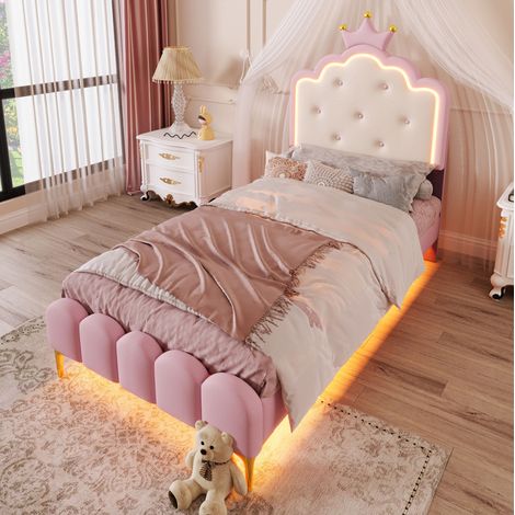 Lit simple 90x200 princesse LED PU rose HAVRYA (1/5)