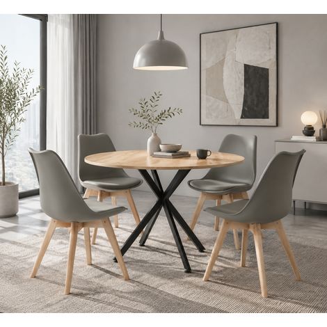 Ensemble Table Ronde 100 cm + 4 Chaises Noir, Style Scandinave Moderne, chaises grises (1/4)