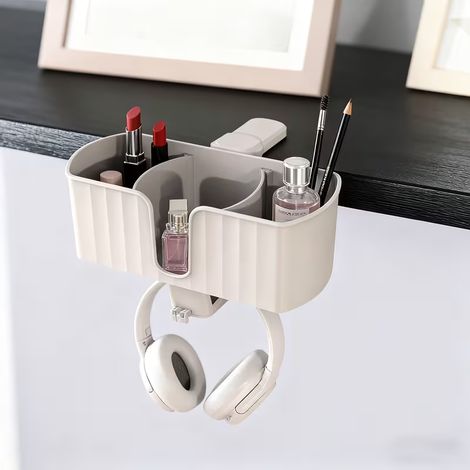 Organisateur de bureau 4-en-1  Porte-gobelet et support pour casque sous le bureau avec 2 trous de câble - Support rotatif et rangement amovible pour gobelet, téléphone et stylo - Matériau ABS, extrém