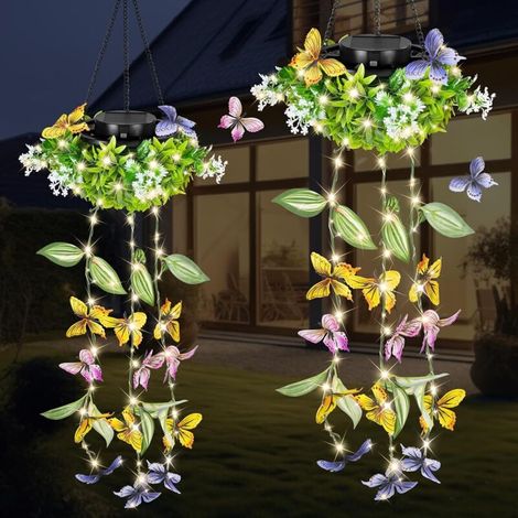 2er-Set Solar-Gartenleuchten zum Aufhängen – Dekorative LED-Lichterkette mit Schmetterlingen und Blumen, IP65 wasserdicht, für Terrasse, Veranda und Außenbereich (1/5)