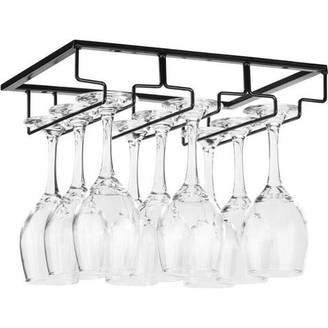 Étagère à verres à vin sous meuble - Porte-verres en métal avec vis, étagère de rangement à 3 niveaux en acier inoxydable pour cuisine, bar, restaurant, noir (1/4)