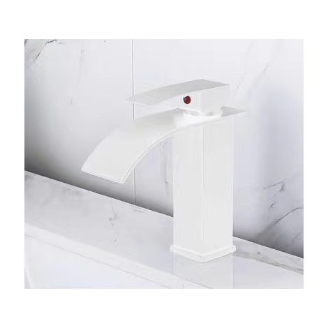 Waterfall Basin Sink Mixer Tap Bathroom Lever Single Handle Leadless Brass Faucet,Tap Bathroom for Cold and Hot Water,With 2 × G3/8’’ hoses,White - A (1/5)
