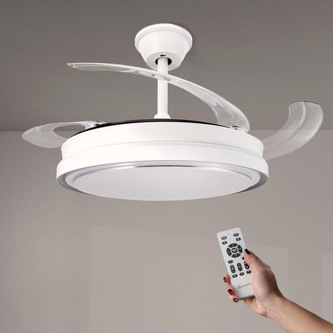 Ventilador de techo con campana blanca, iluminación LED, mando a distancia, motor DC, 6 velocidades, silencioso, aspas retráctiles, función verano-invierno, temporizador, CCT