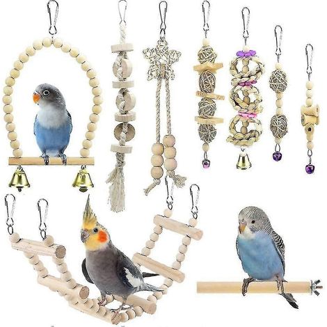 Lot de 9 jouets pour perroquets : balançoire, perchoir suspendu, hamac et échelle à mâcher pour cage. (1/5)
