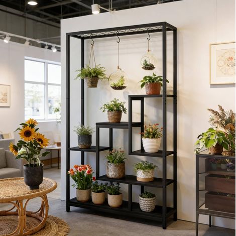 Estantería para plantas con 7 estantes, estructura de metal y madera, negra HAVRYA (1/5)