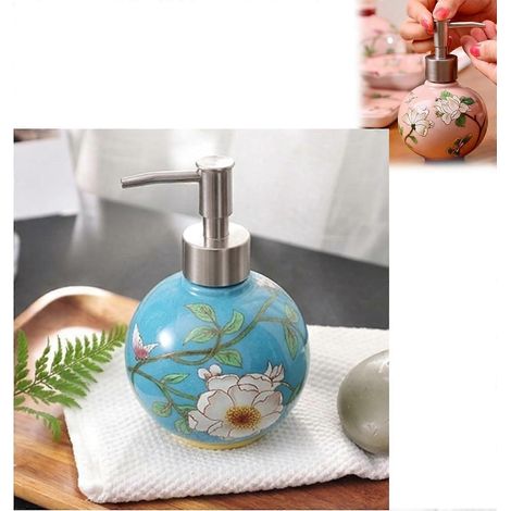 Distributeur de savon céramique fait main, flacon lotion peintures chinoises bleu, pompe métal rechargeable, salle de bain cuisine douche (1/5)